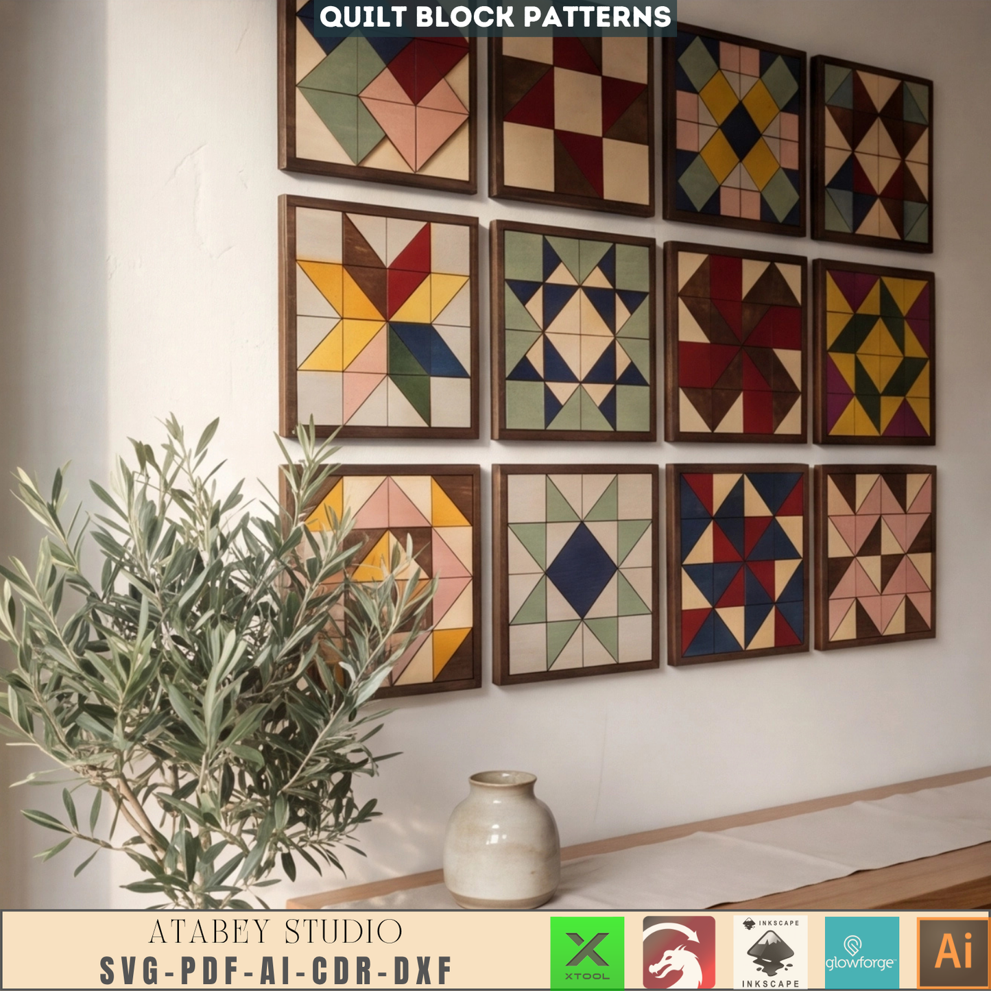 Geometric Barn Quilt Patterns - Laser Cut Quilt Blocks with Frames for DIY Projects
