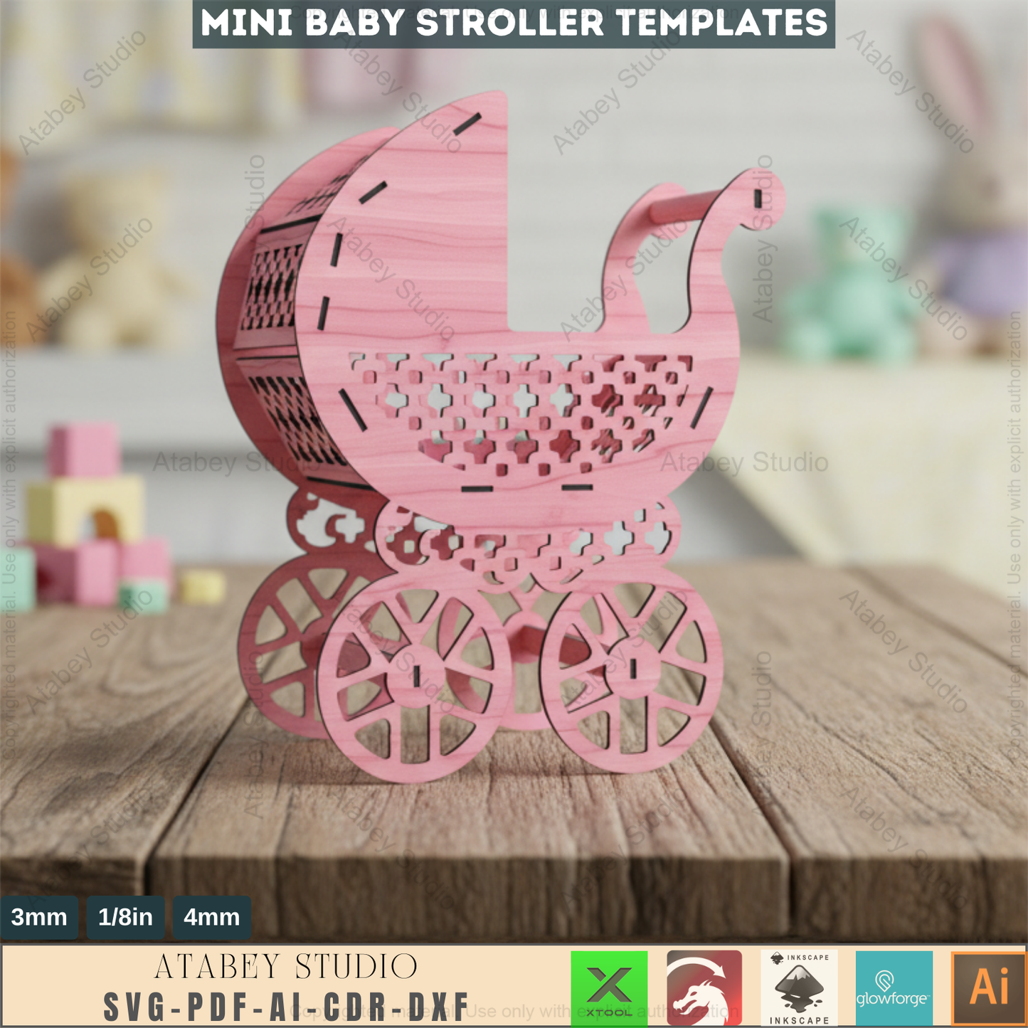 Charming Wooden Baby Stroller Design - Ideal for Laser Cutters & Nursery Decor Projects 260