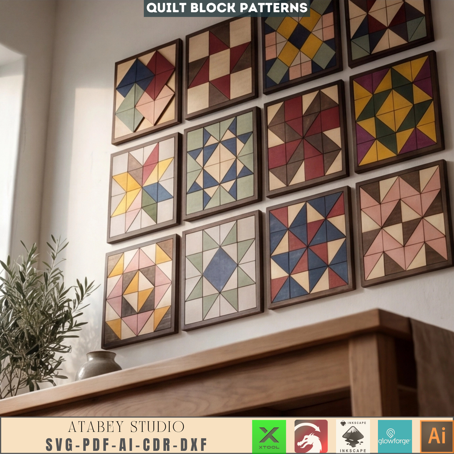 Geometric Barn Quilt Patterns - Laser Cut Quilt Blocks with Frames for DIY Projects