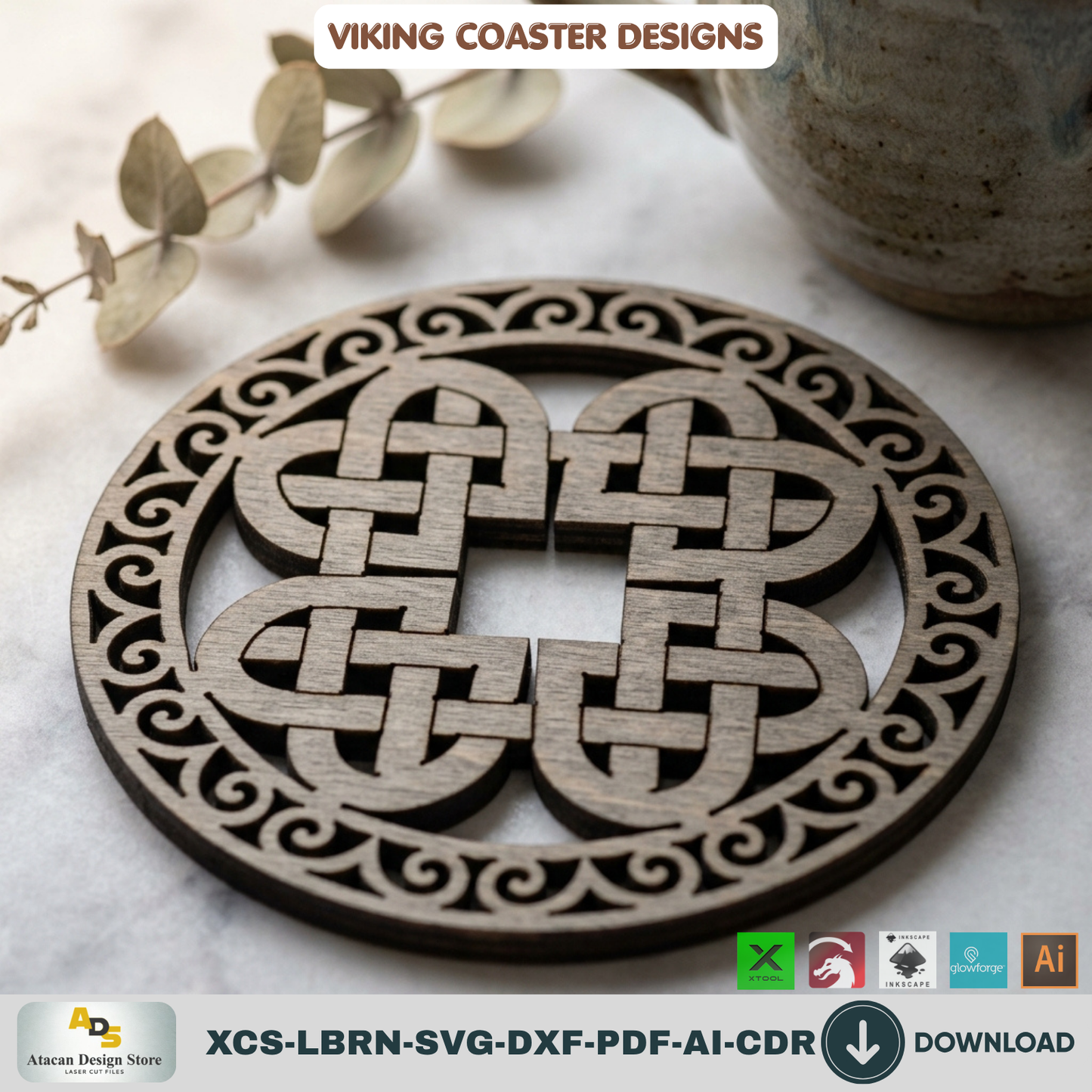 Viking Celtic Knot Coaster Laser Cut Files Wooden Round Tray Template
