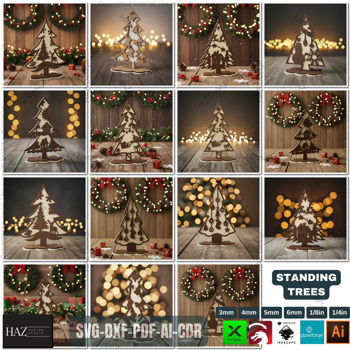 Laser Cut Standing Christmas Tree Ornaments Bundle, Decorative Wooden Xmas Tree Designs, Christmas Table Tree Decor,3D Holiday Tree 493