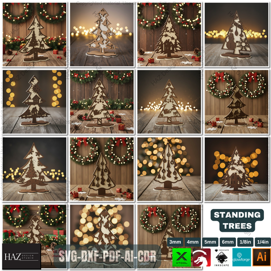 Laser Cut Standing Christmas Tree Ornaments Bundle, Decorative Wooden Xmas Tree Designs, Christmas Table Tree Decor,3D Holiday Tree 493