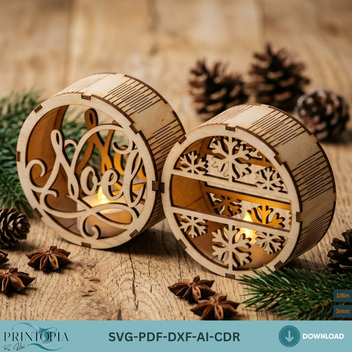 Laser Cut Christmas Night Light Bundle, Round Wooden Lanterns, DIY Holiday Candle Holder Designs 380