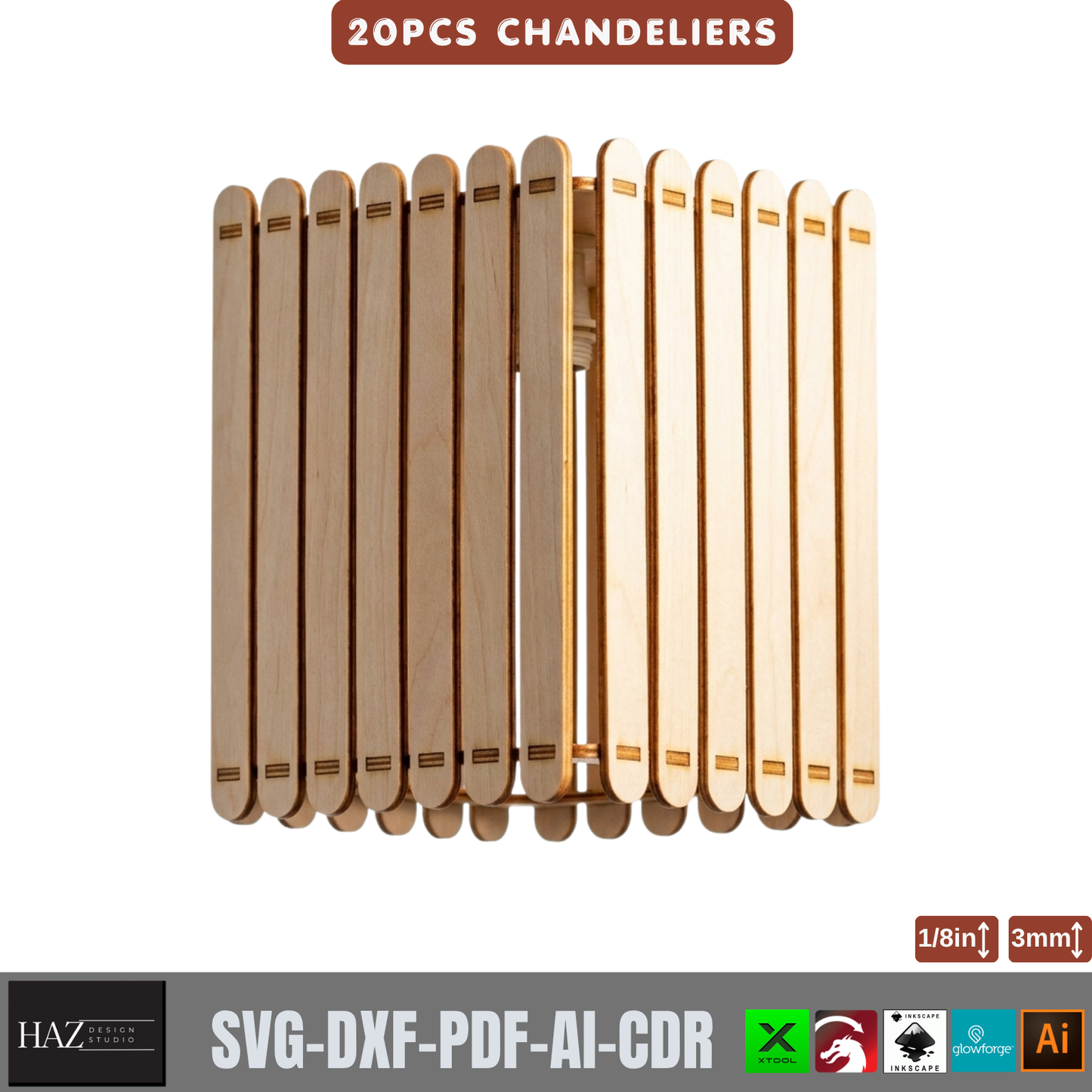 20 Piece Wooden Chandelier Pendant Lamp Laser Cut SVG Template Set Plywood 566