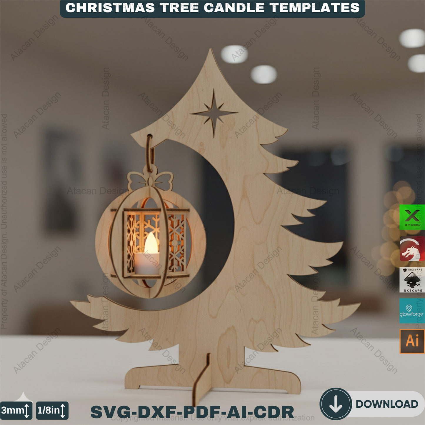 Elegant Christmas Tree Candle Stand Laser Cut File Set, 3D Wood Tealight Holder Designs for Xmas Tabletop & Holiday Home Decor 910