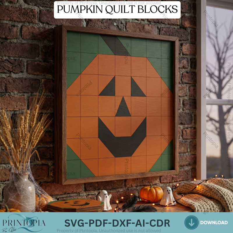 Rustic Halloween Pumpkin Barn Quilt Block LaserCut Template Wood Mosaic Wall Art Pattern 339