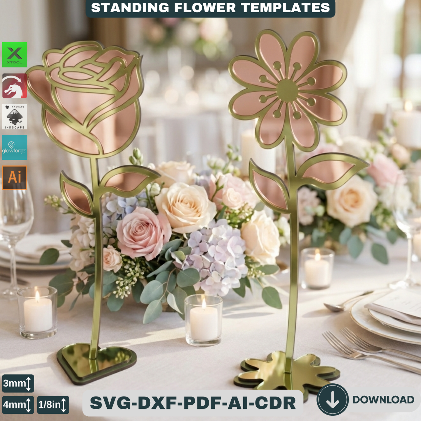 Wooden Stand Flowers Laser Cut Design | Decorative Wildflower Vector for Glowforge,Wildflower Decorative Stand Template 820
