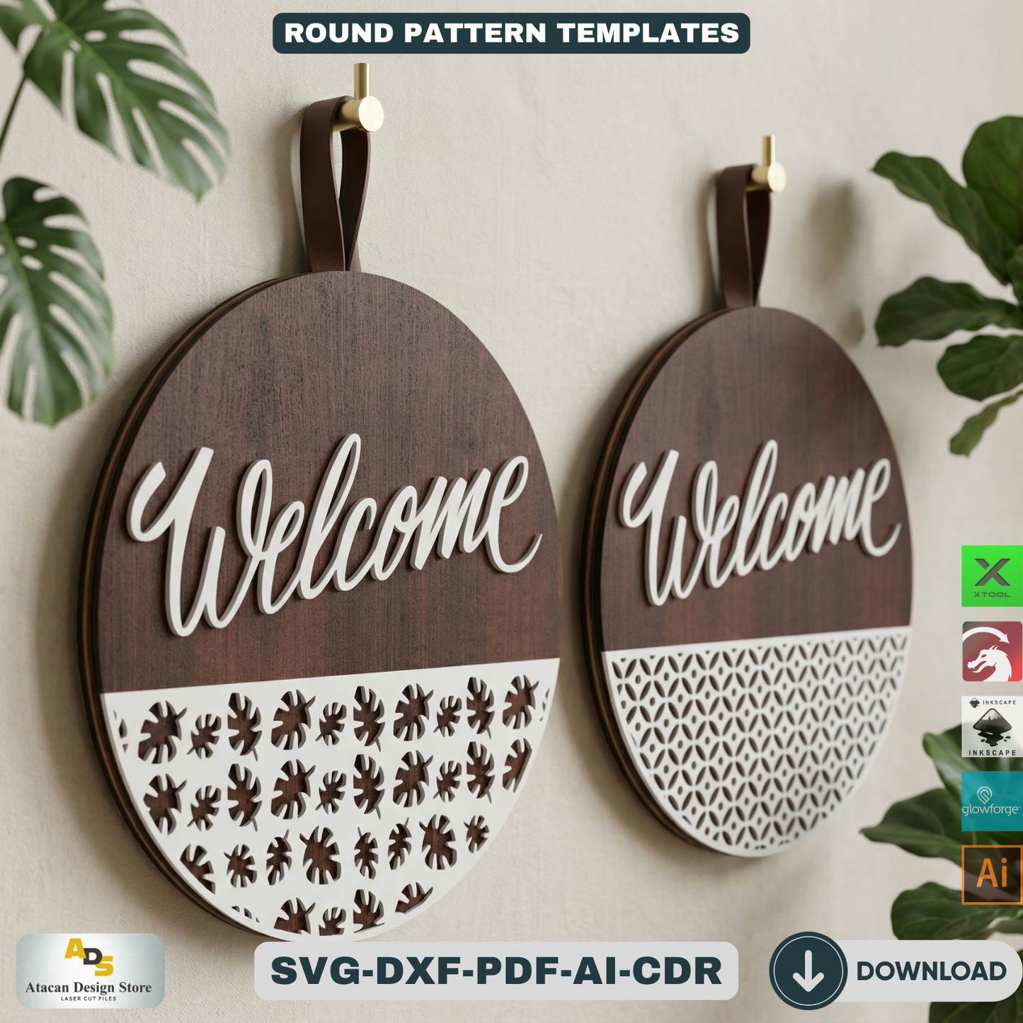 Door sign with patterns / Glowforge laser cut files / Door hanger Templates ADS115