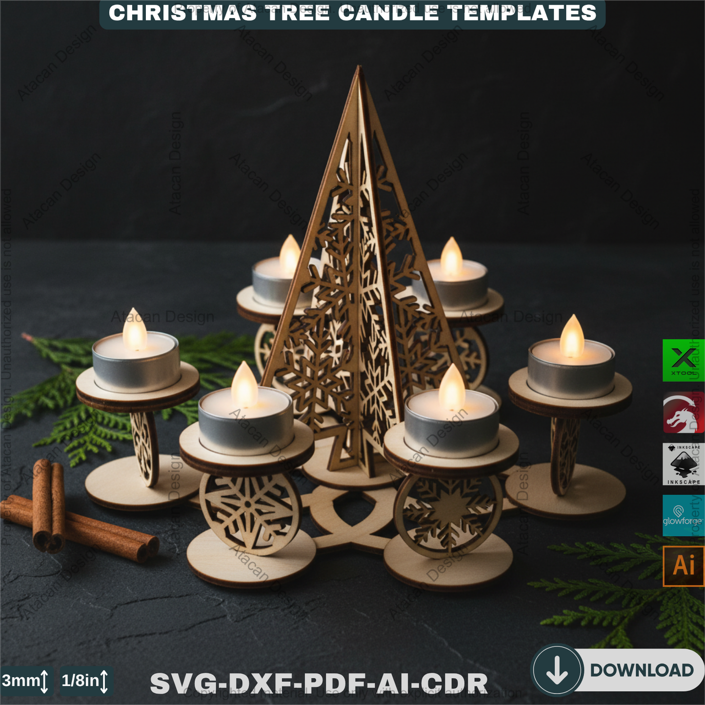 Festive Christmas Tree Tea Light Holder Laser Cut Digital Template, Holiday Advent Wreath Candle Stand, New Year Snowflake Tealight Decor 911