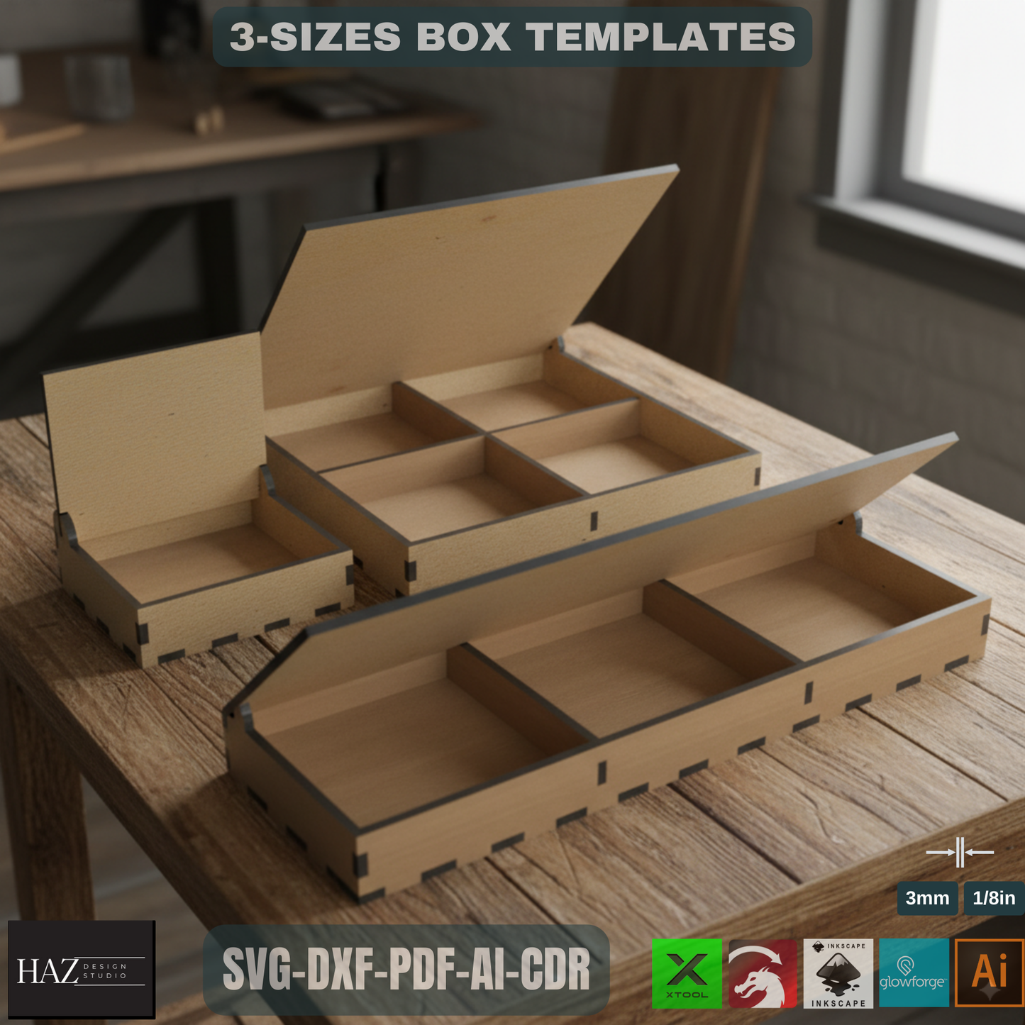 Divided Boxes With Lid - Multipurpose Jewelry and Storage Box - Laser Cut Wooden Box Files - Boxes Grid and Flip Lid SVG DXF Ai Cdr 188