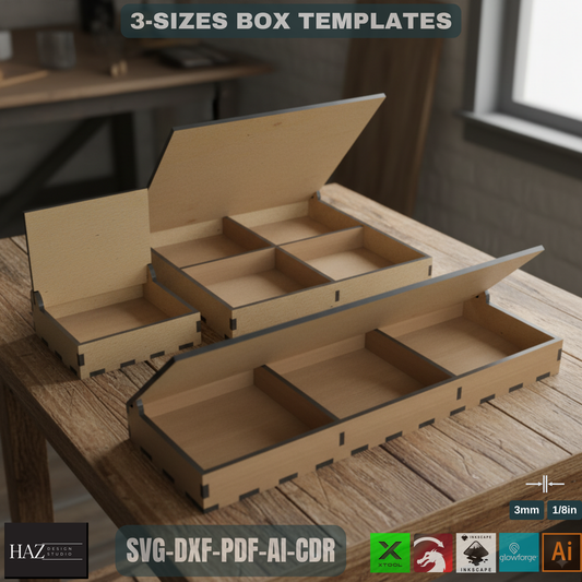 Divided Boxes With Lid - Multipurpose Jewelry and Storage Box - Laser Cut Wooden Box Files - Boxes Grid and Flip Lid SVG DXF Ai Cdr 188