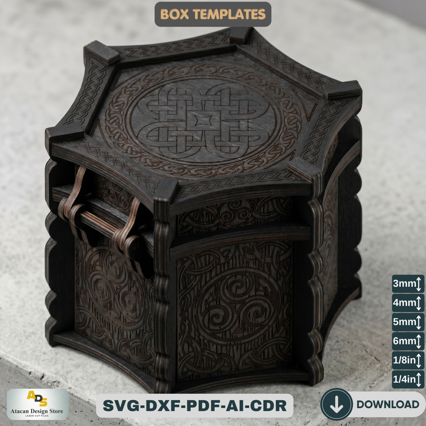 Celtic Hexagon Box Laser Cut File Mythical Jewelry Chest Pattern Wooden Trinket Box Template