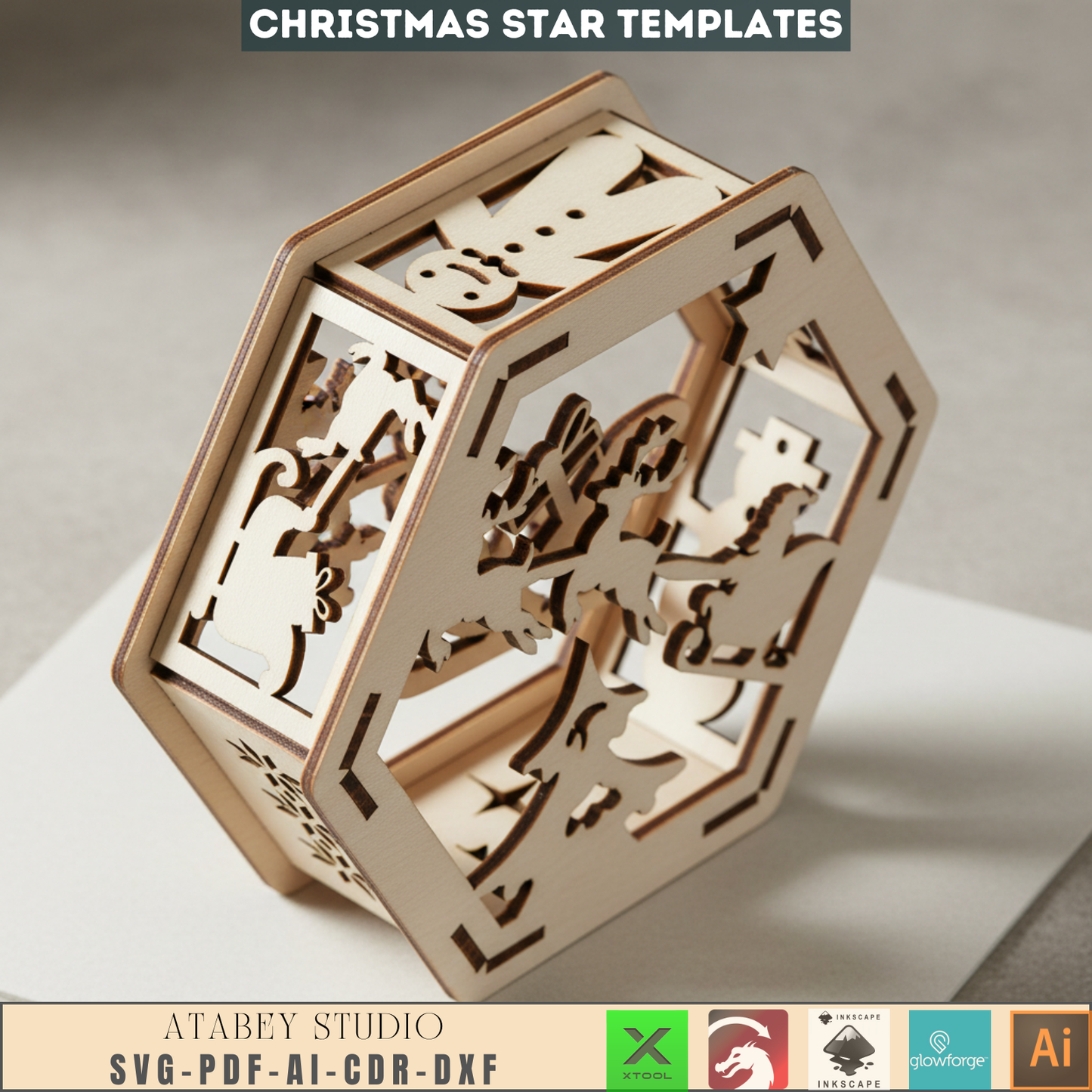 Hexagon Christmas Decor SVG Template - Laser Cut Lanterns - Winter Scene for Holiday Home Decor and Cozy Candle Glow 957