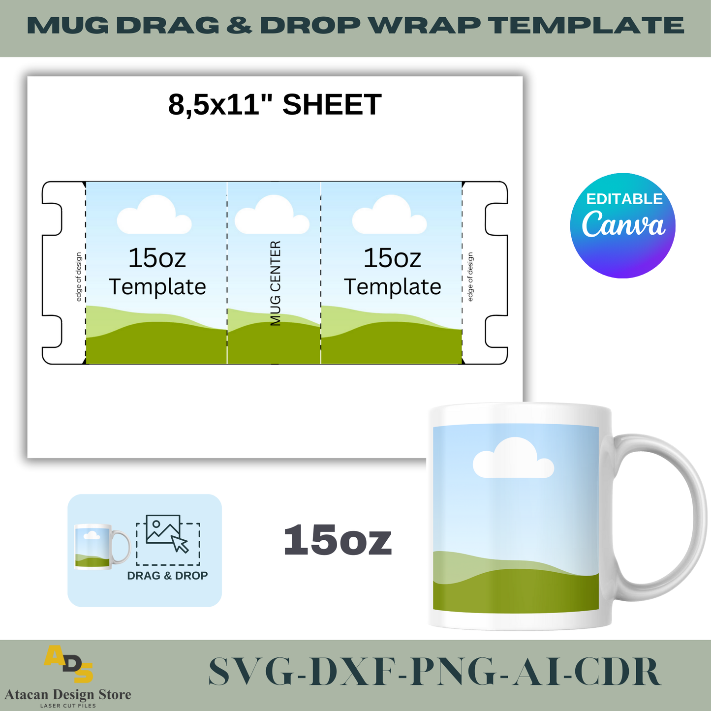 Customizable Mug Wrap Template | 11oz, 12oz, 15oz Designs | Canva Editable ADS735