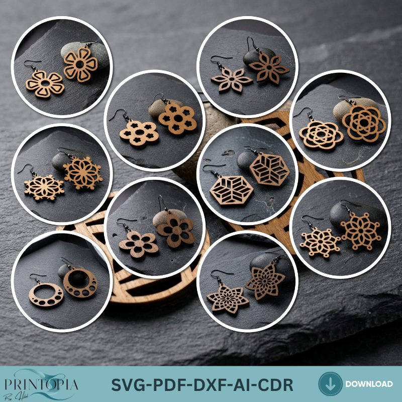 Boho Floral and Geometric Wooden Earring Patterns SVG Bundle Laser Cut Files