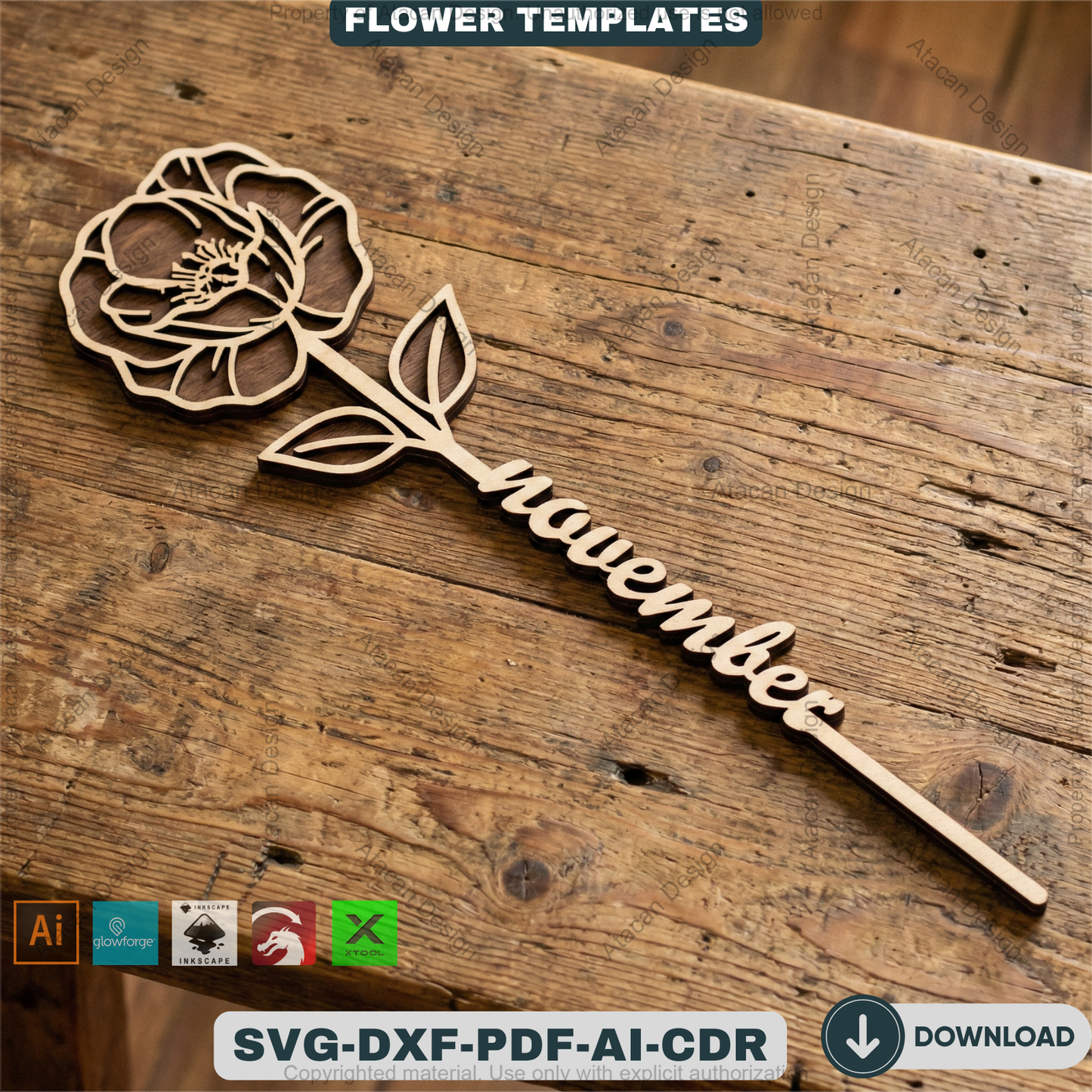 Birth Month Flower Laser Cut Bundle Wooden Floral Stakes Bouquet Topper Designs Personalised Mother Day Gift Laser Ready Templates 932