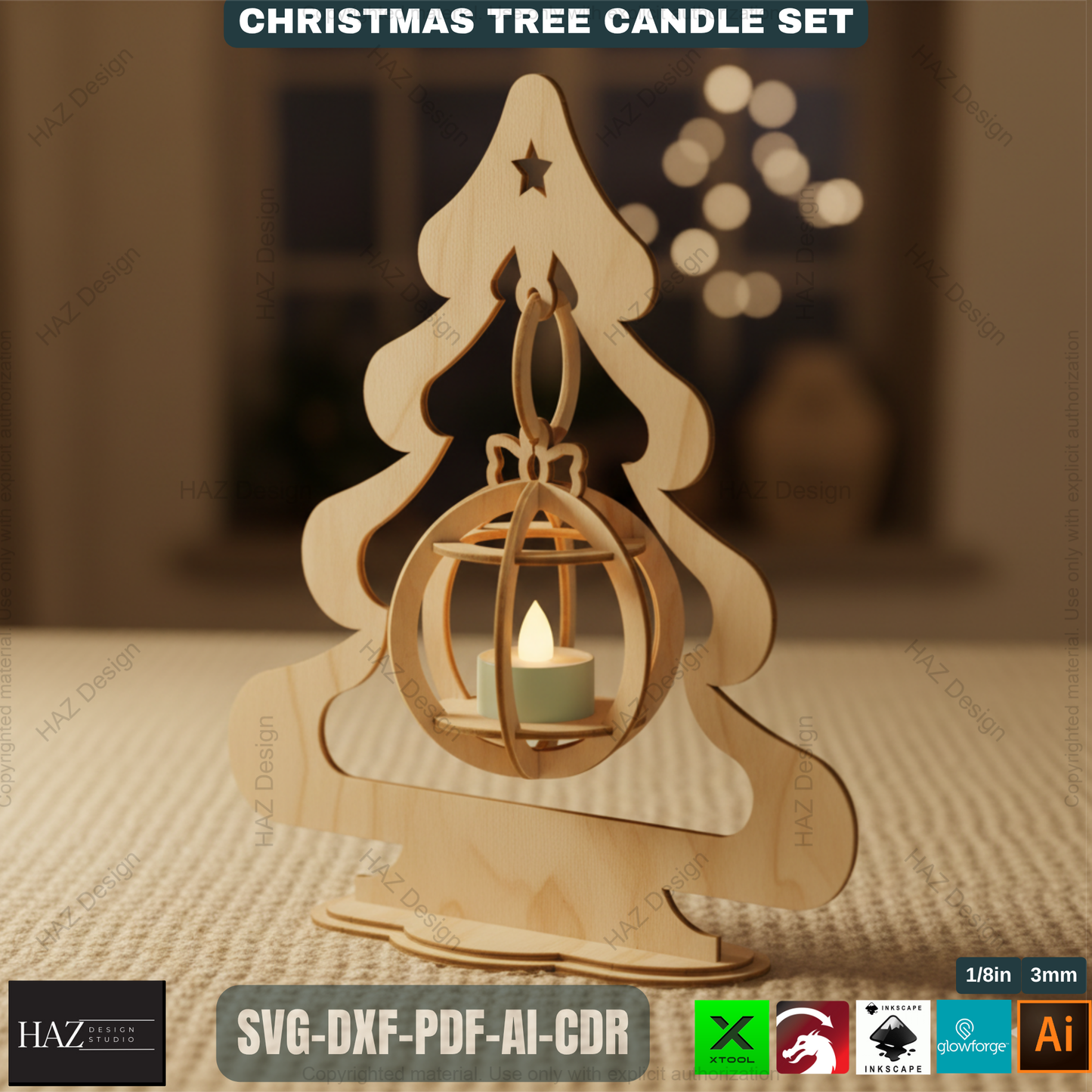 Title: Christmas Tree Tealight Holders Laser Cut Files Wooden Ornament Candle Stands Xmas Decor Templates Glowforge Xtool SVG 494