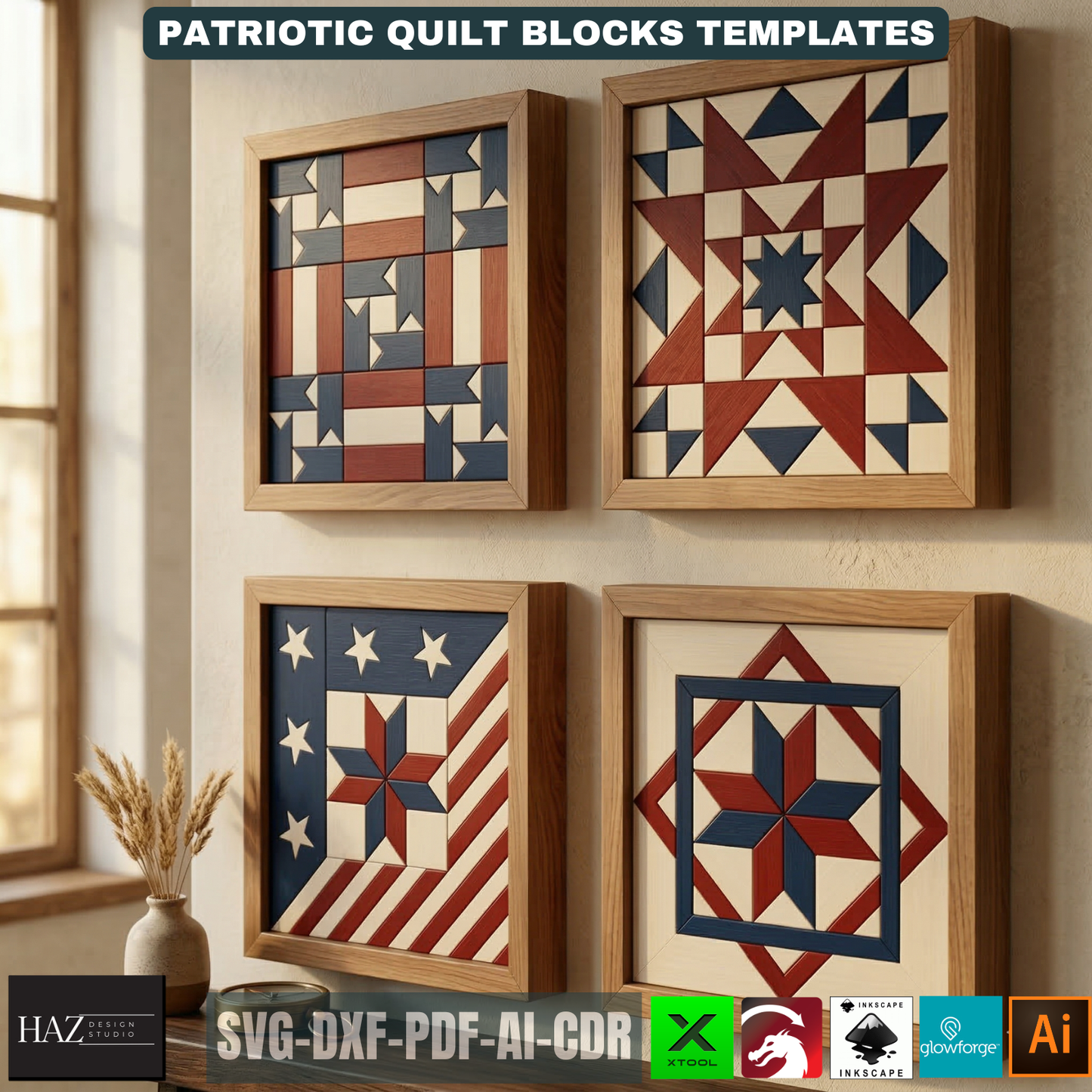 Patriotic Barn Quilt Block Patterns American Flag Wood Art Templates Fourth of July Wall Decor Independence Day 526
