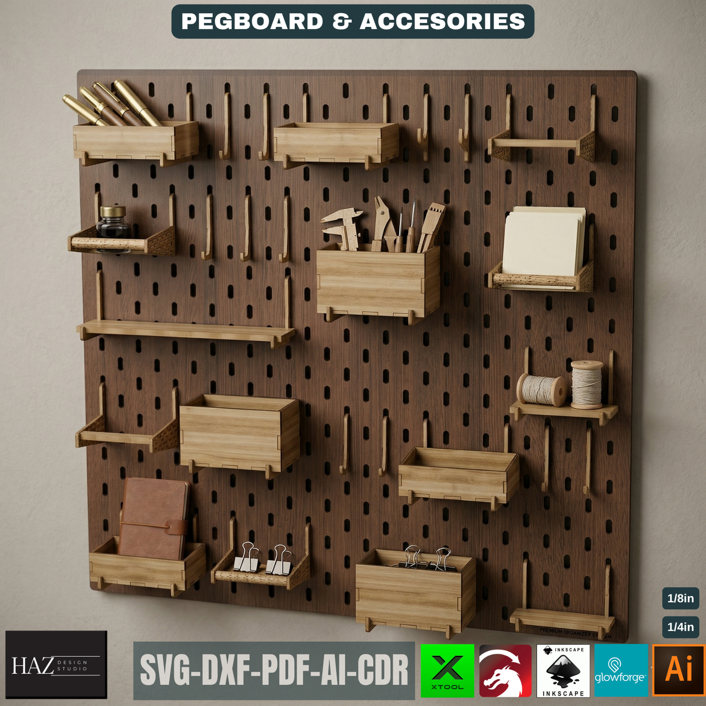 Wood Pegboard Wall Organizer / Modular Peg Board with Hooks and Bins Wall Storage 083