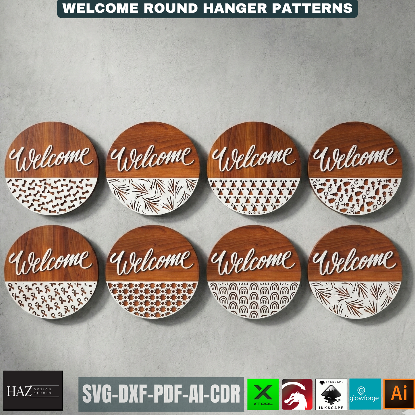 Round Welcome Sign Bundle Laser Cut Door Hanger Patterns, Front Door Decor Templates, Circle Wall Art Designs For Woodworking Projects 510
