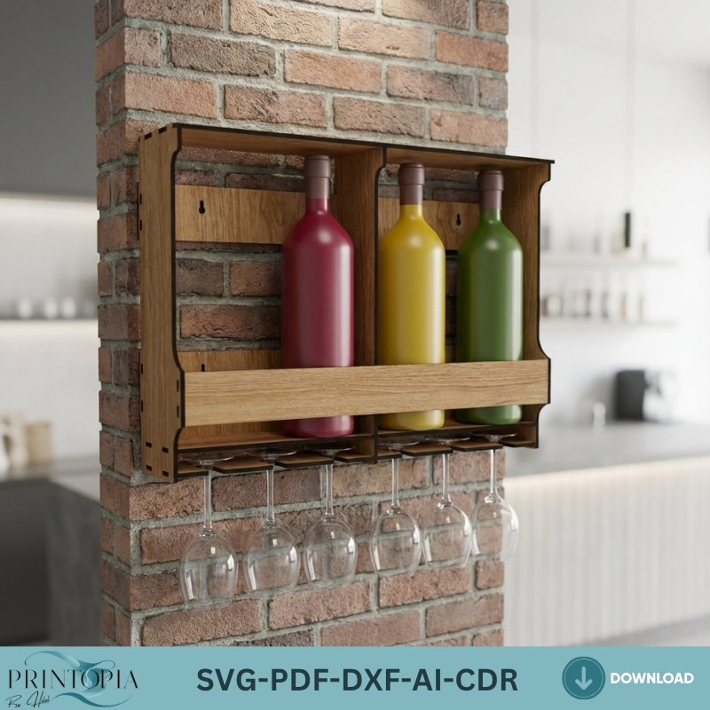 Wall Mounted Wine Rack with Glass Holder Modern Wood Wine Shelf Laser Cut Files