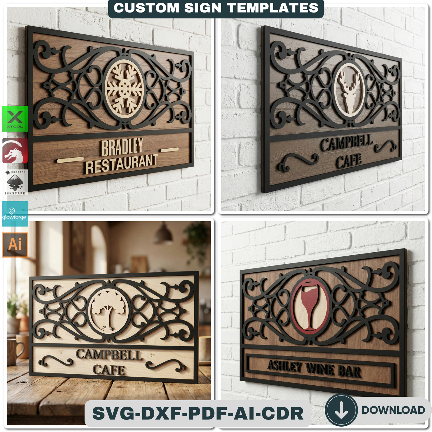 Customizable Frame Sign Board Templates for Laser Cutting | Personalize Cafe Restaurant & Home Decor Wall Art | Glowforge Xtool Ready 931