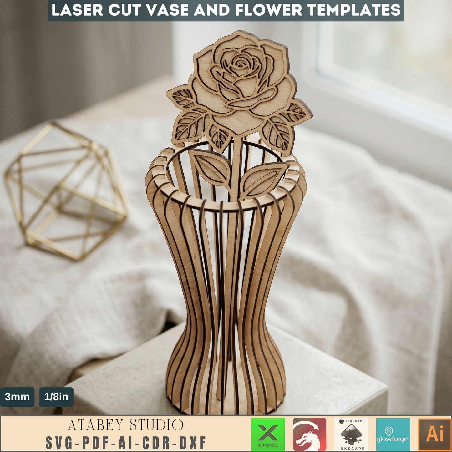 Vases and Wildflower Templates, Layered Floral Table Decor Cutting Files, Wood Flower Bouquet 998
