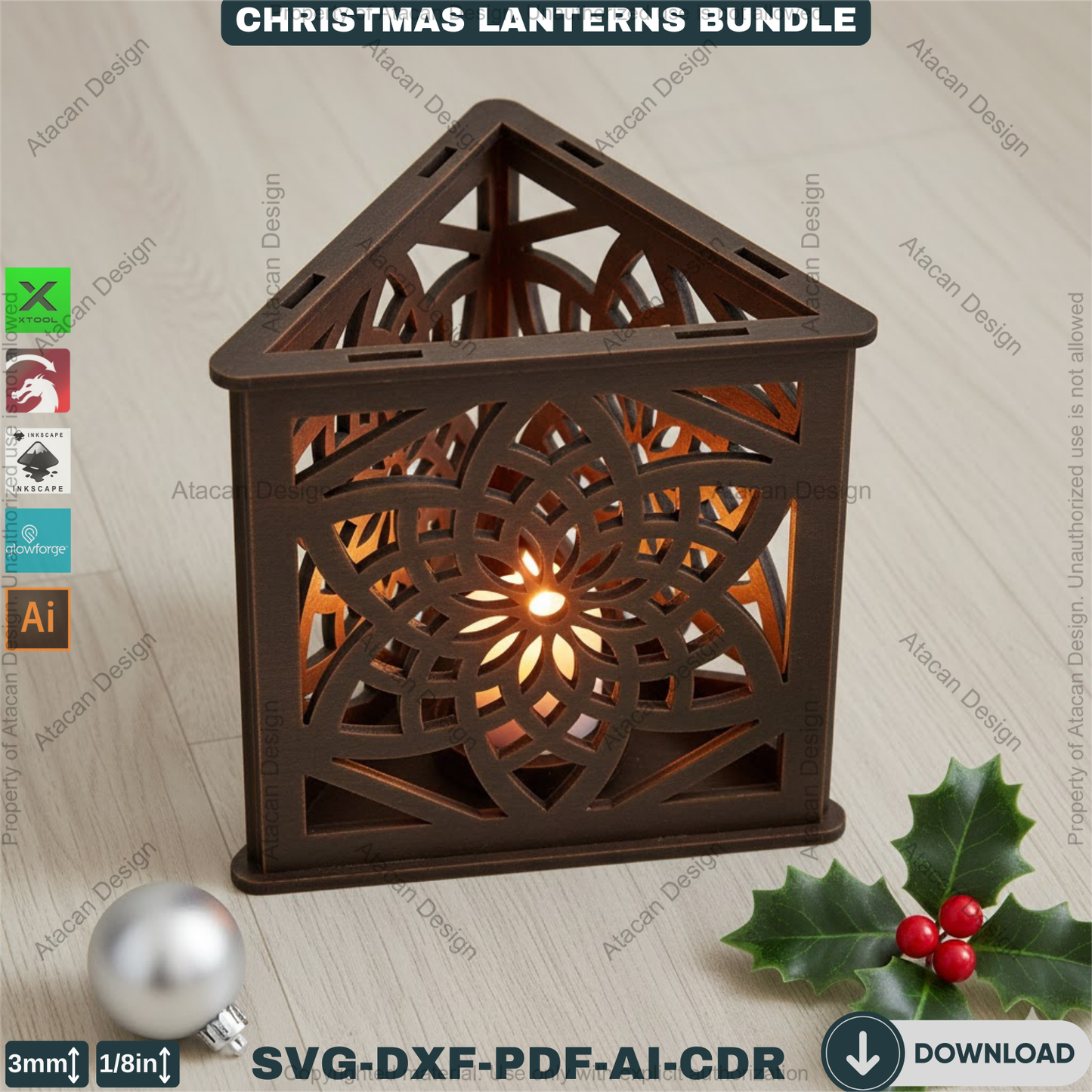 Christmas Lanterns Bundle Laser Cut Templates | Holiday Candle Box Decor | Tealight Holder Designs 930