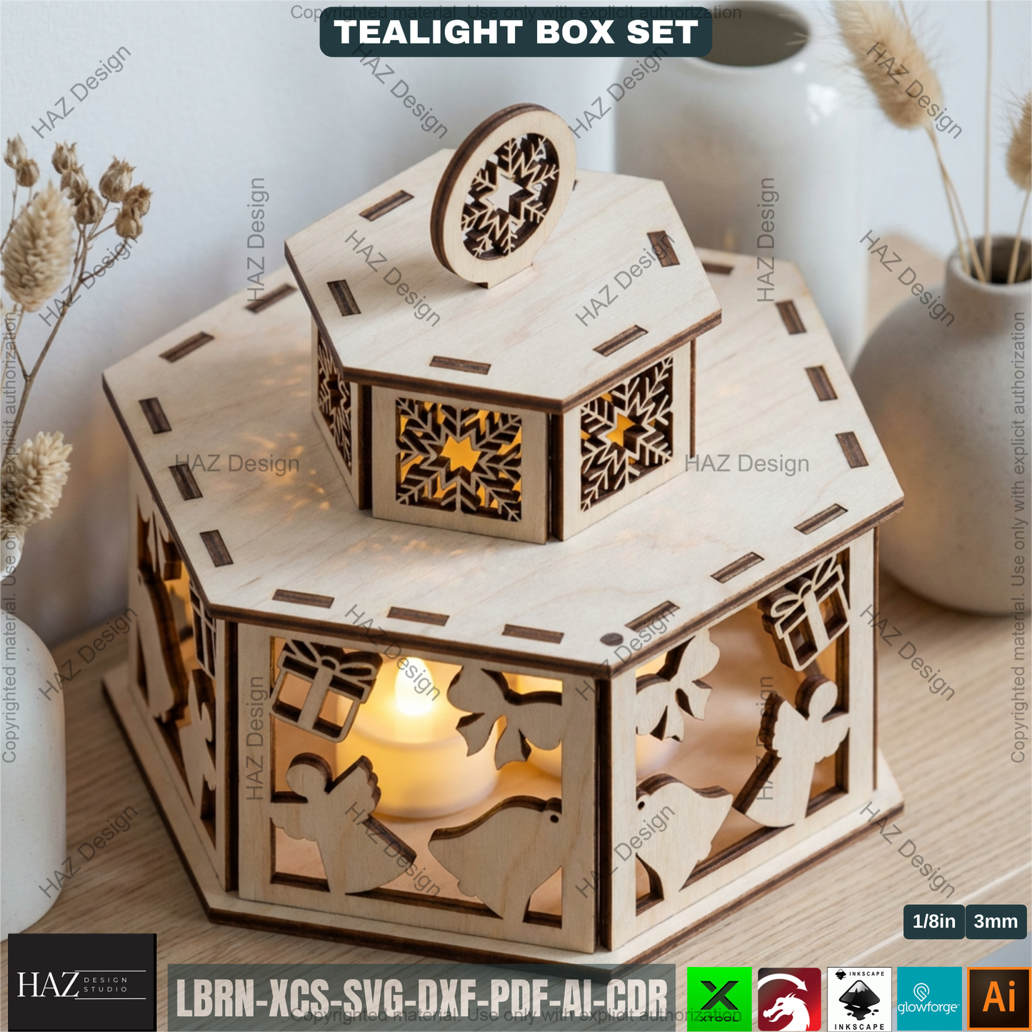 Festive Tealight Lanterns  – Christmas Candle Holder with Lid - Laser Cut Tabletop Decor - Tealight Box Lights 504