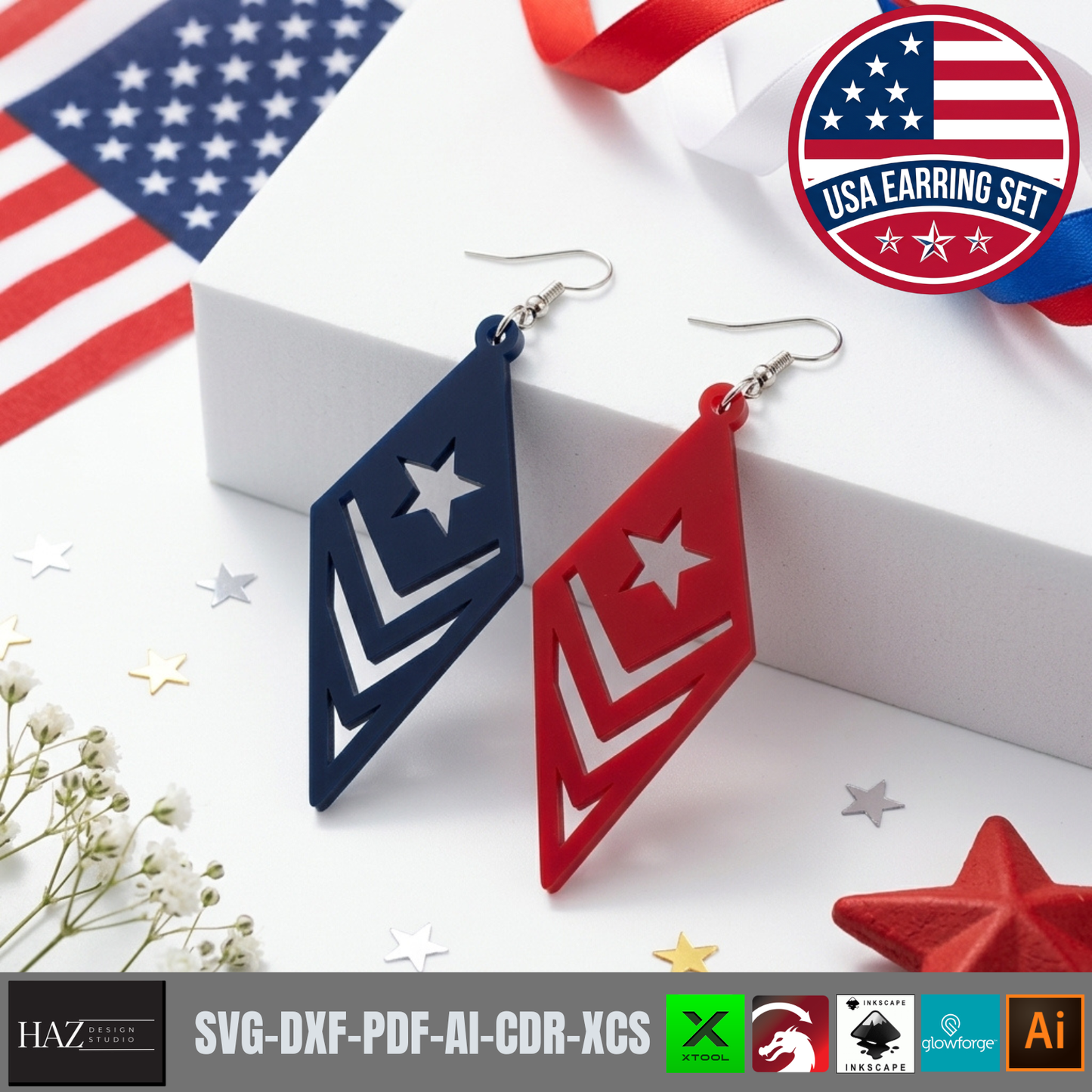 Patriotic Earring SVG Bundle, 4th of July Laser Cut Templates, USA Flag Acrylic Jewelry