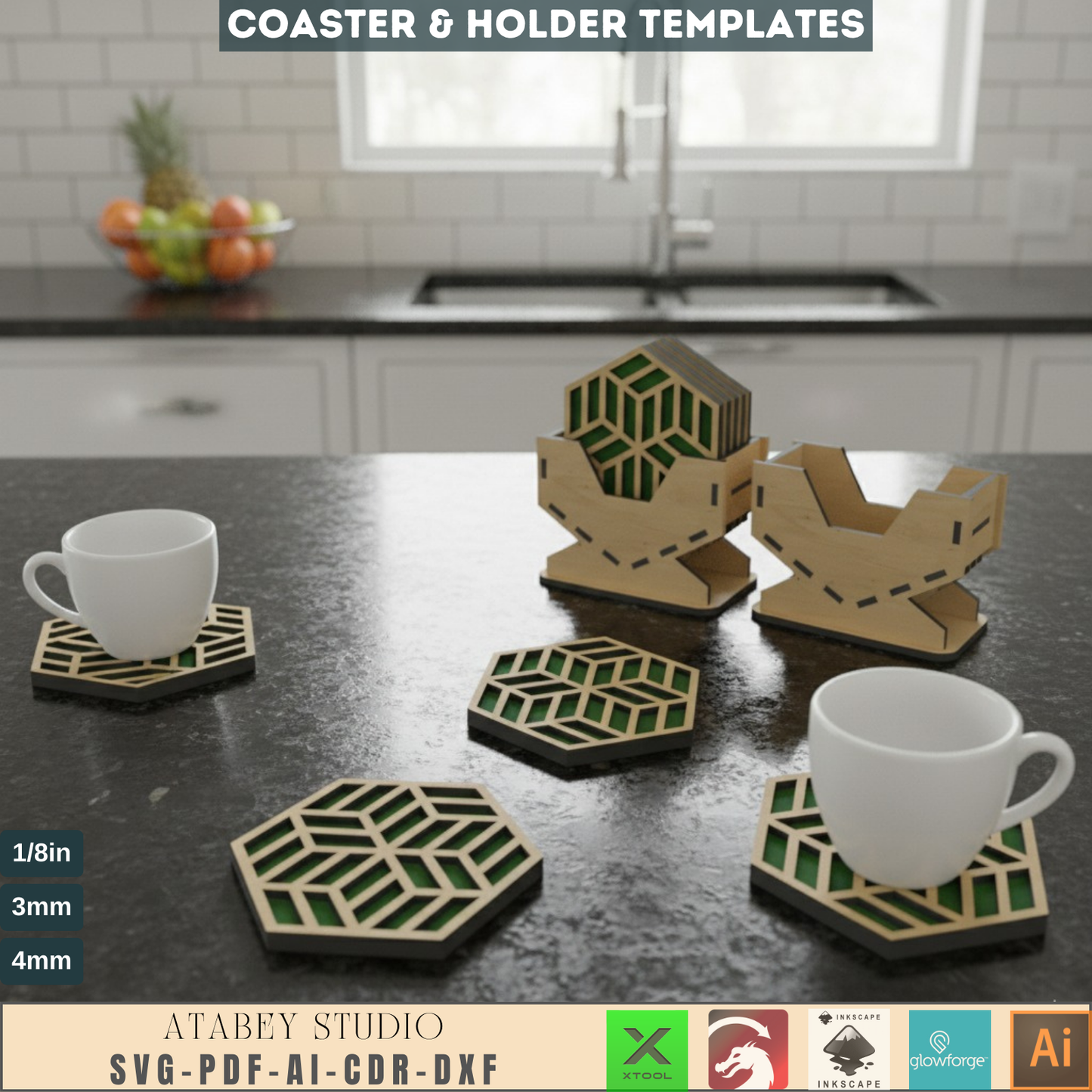 Laser Cut Coaster & Holder SVG Bundle for Home Decor, Hexagon Geometric Drink Coasters with Storage Rack Digital Files 552