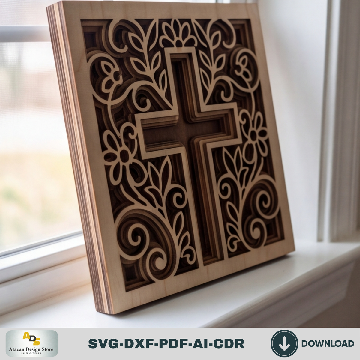 3D Christian Cross Laser Cut Plywood Template, Easter Faith Decor 1000