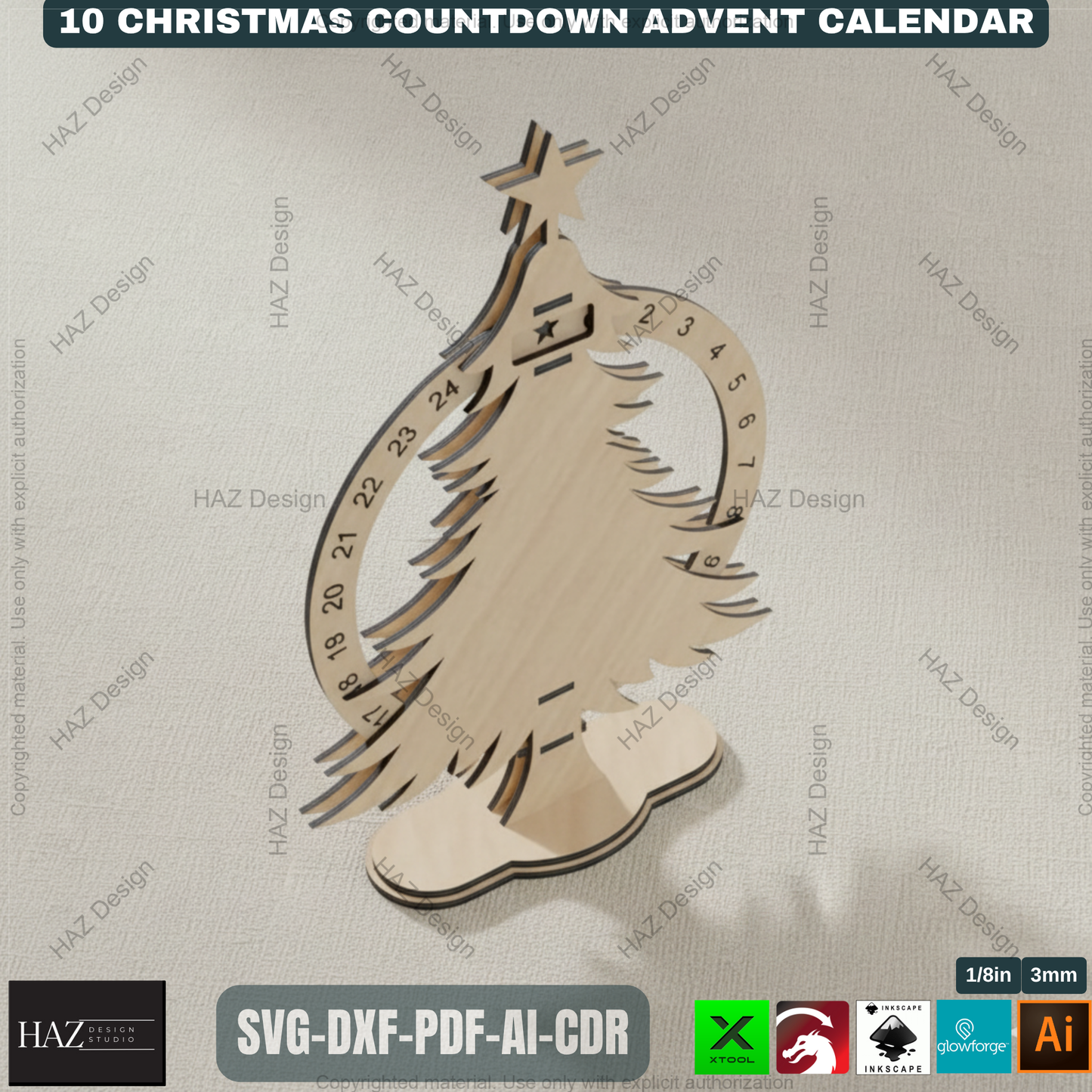Festive Countdown Advent Calendar Laser Cut Files, Wooden Christmas Decor Template for Glowforge & Xtool, Holiday Craft Project 498