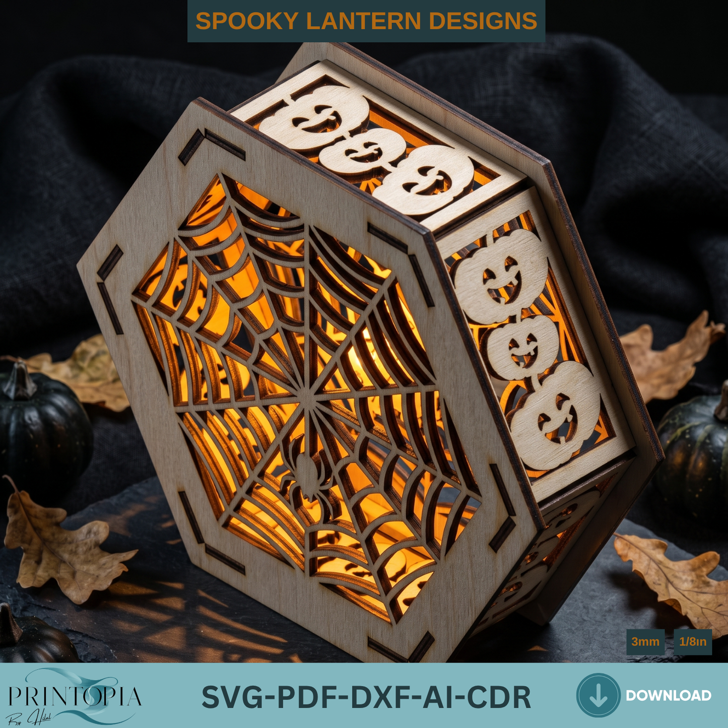 Halloween Lantern Laser Cut Files Bundle for Wooden Tealight Candle Holder Spooky Decor Template