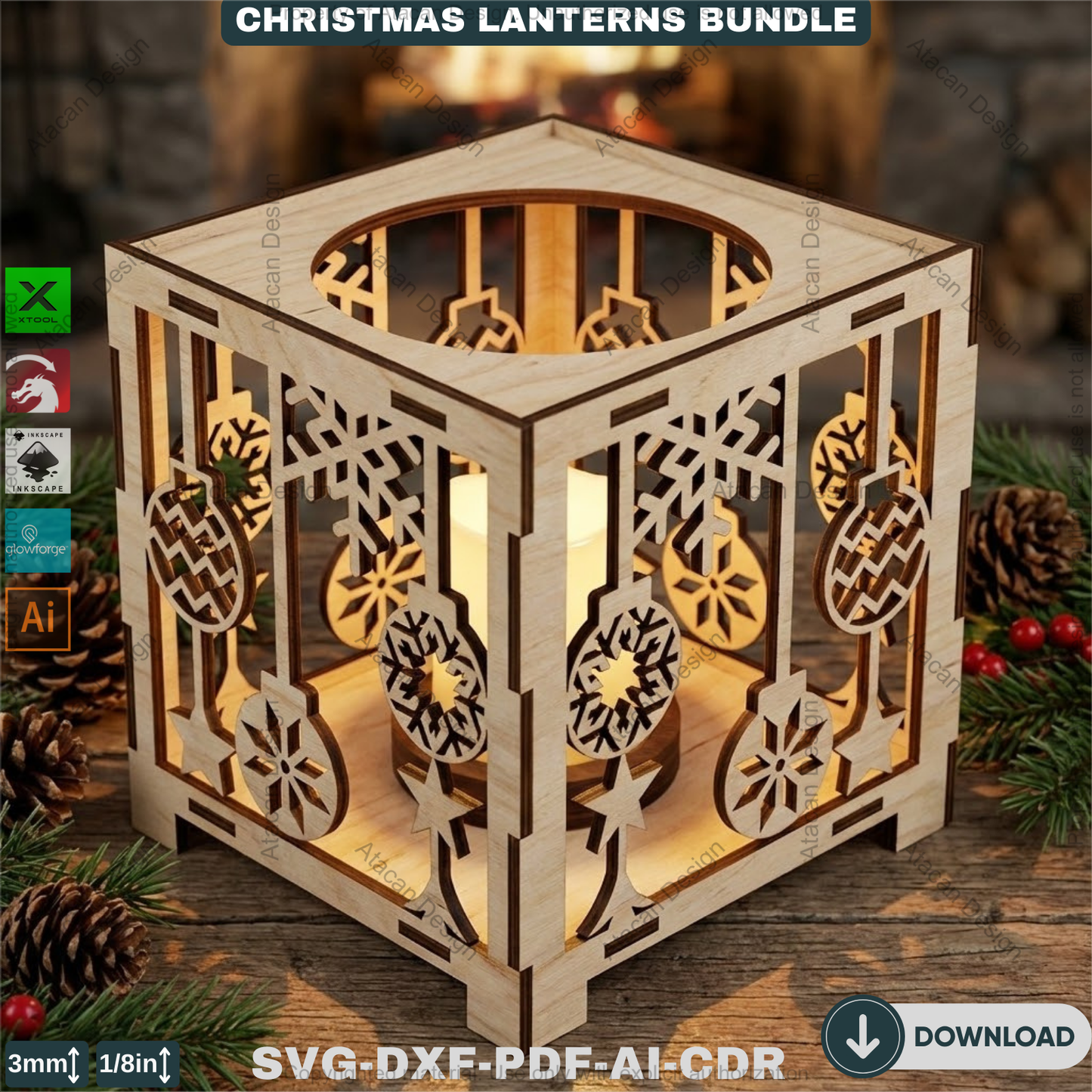Christmas Lantern Laser Cut Bundle, Wooden Tealight Holder, Xmas Candle Box, Winter Decor, Reindeer Snowman Template 927