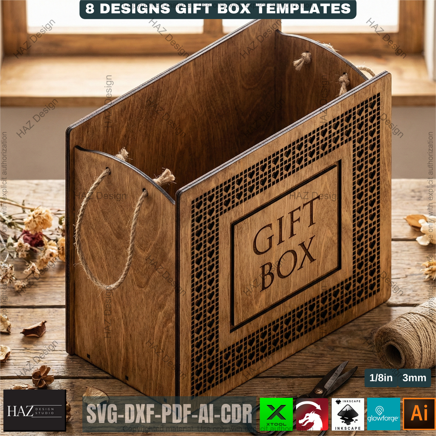 8 Laser Cut Gift Box Templates, Wooden Storage Crate Pattern, Decorative Plywood Basket, DIY Wedding Hamper, Laser Ready Cut Files 511