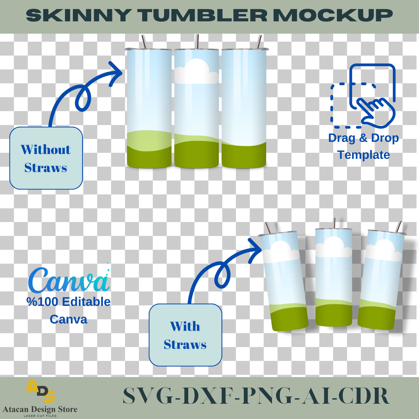 Editable Skinny Tumbler Mockup - Canva Frame Drag & Drop Tumbler Template - With or Without Straws, Easy to Customize 733