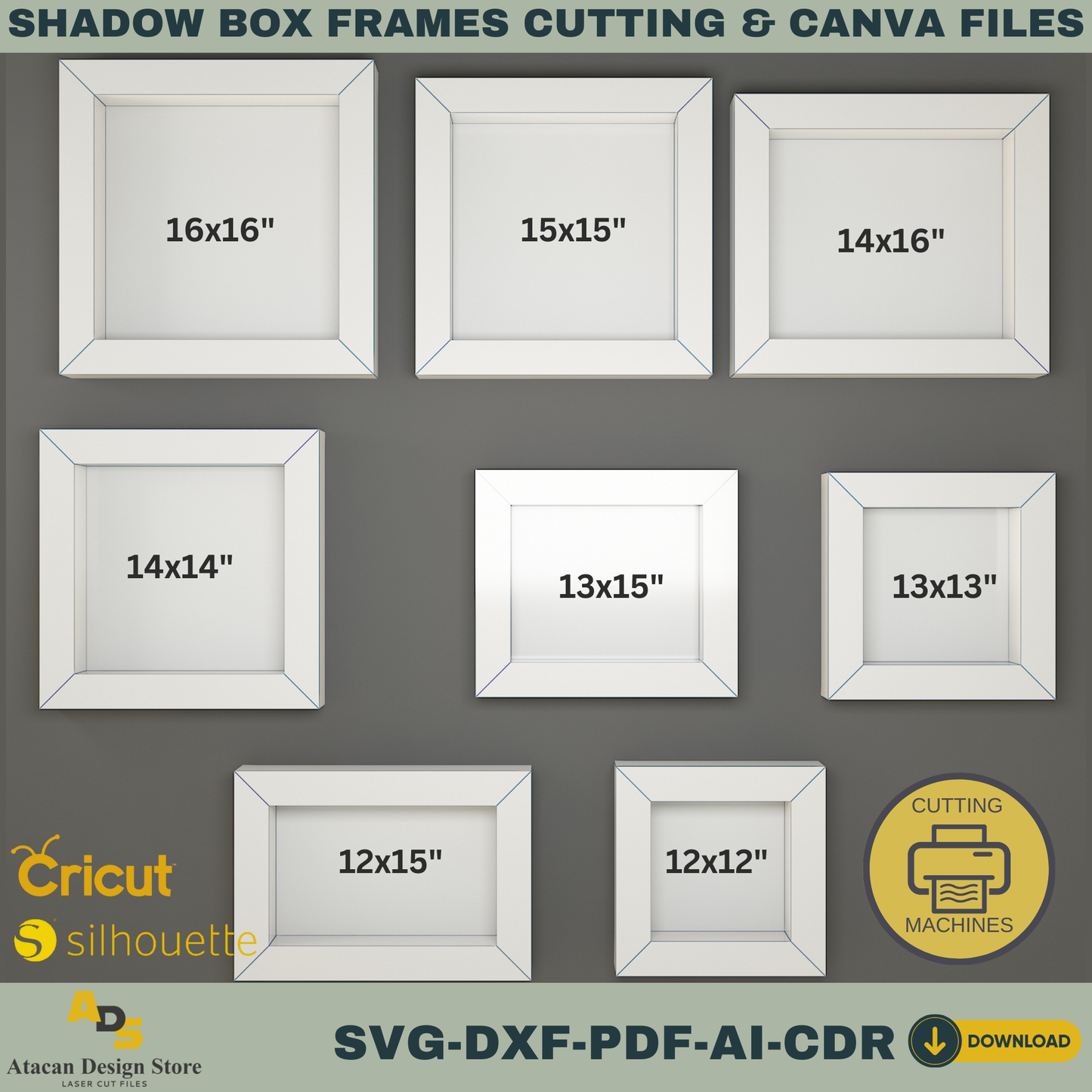 Shadow Box Frame Cutting Template Set | 8 Sizes svg, DXF, PDF, ai, CDR Files | Cricut & Silhouette Compatible | Canva Editable Design 766