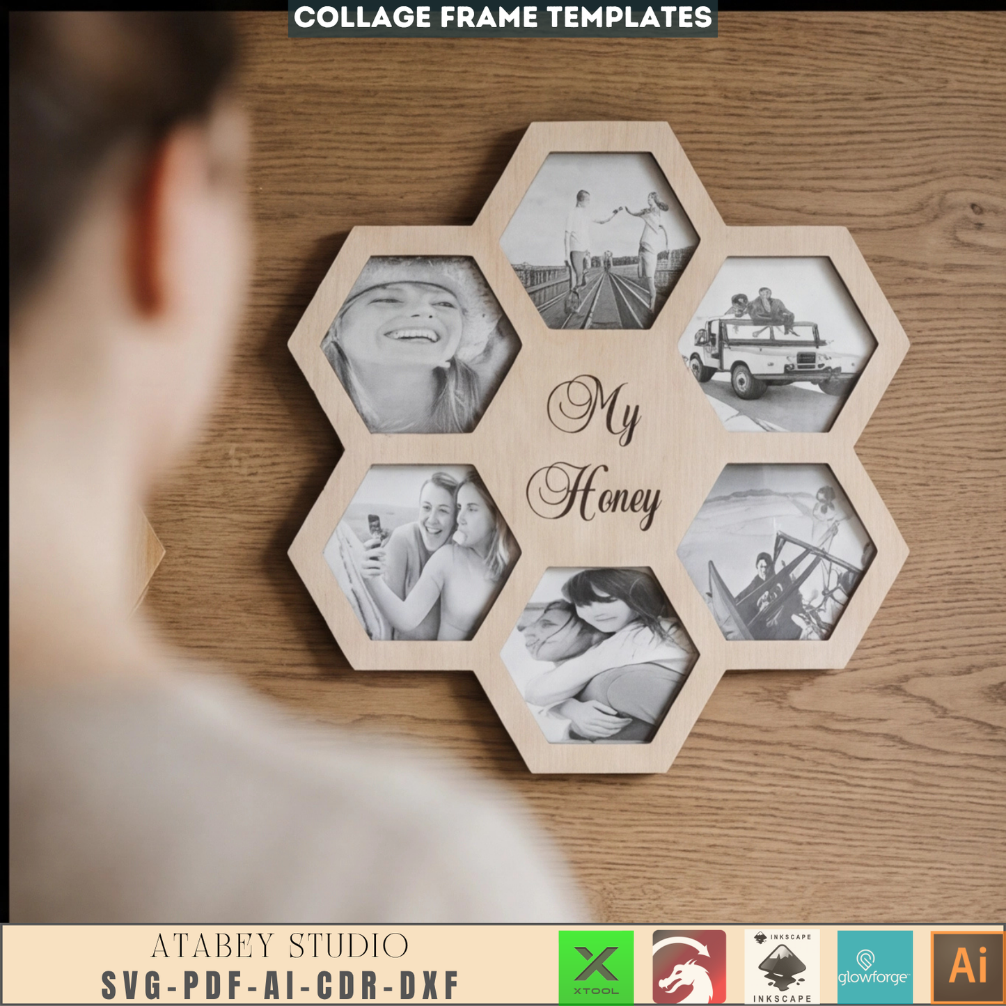 Honey comb Multi Picture Frame Collage svg file, Honey Family Friends Collage