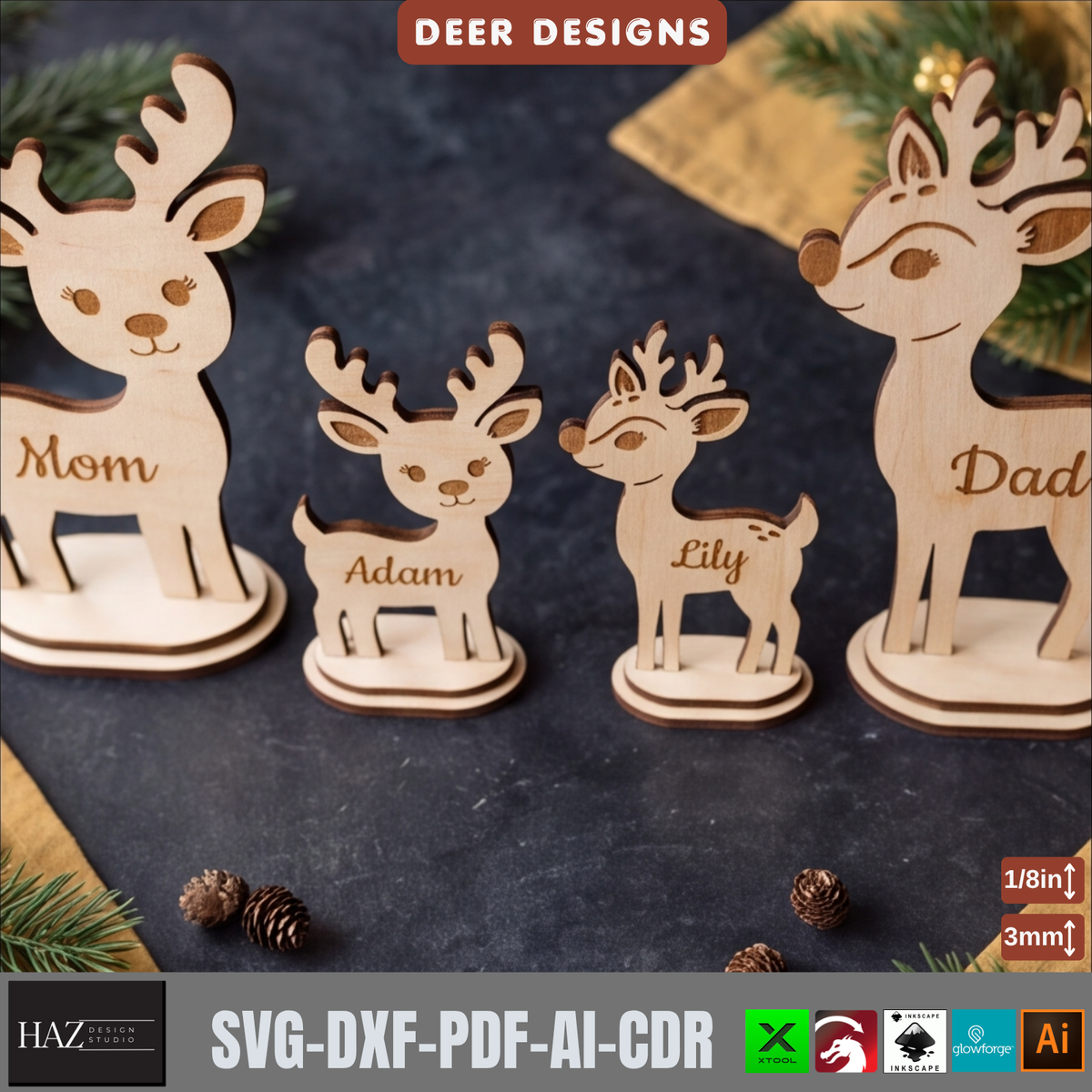 Personalized Reindeer Family Laser Cut SVG – Christmas Wooden Decor Stand