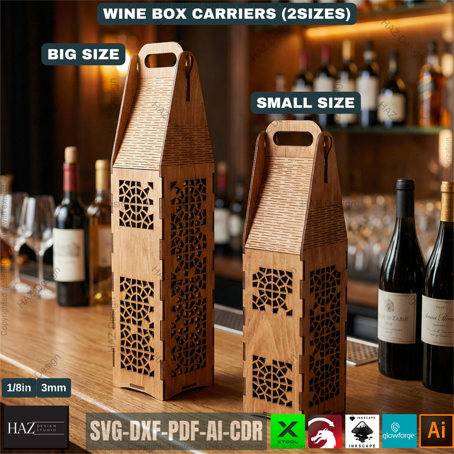 Laser Cut Wine Bottle Gift Box Carrier Bundle Wooden Wine Holder Laser Cut Pattern Gift Box 515