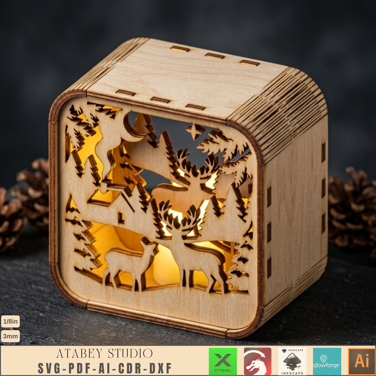 Wooden Christmas Shadow Box Lantern, Reindeer Santa Sleigh Candle Box Plans, Xmas Mantel Laser File