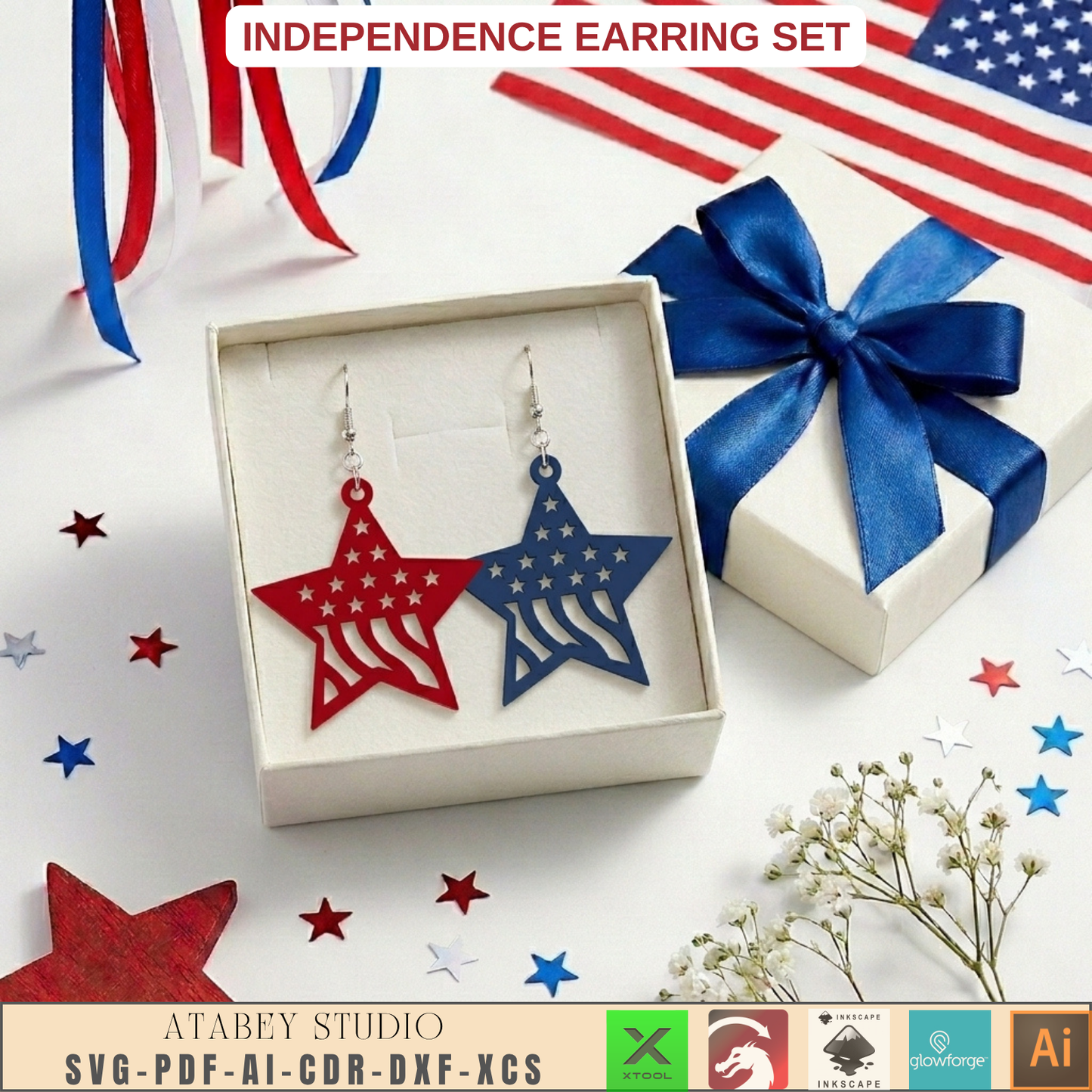 4th of July Earring SVG Bundle, Patriotic Laser Cut Templates, USA Flag Star Earrings