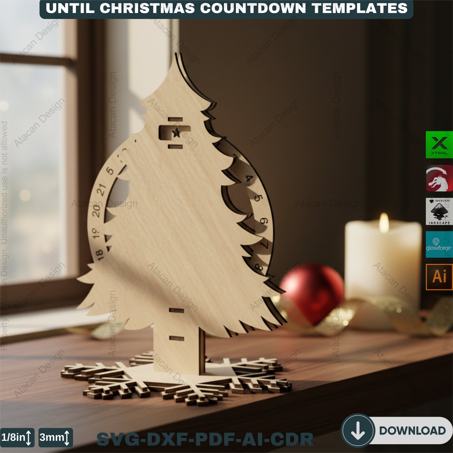 Christmas Tree Advent Calendar Laser Cut Template Bundle Wooden Countdown Stand Glowforge Xtool Files 915