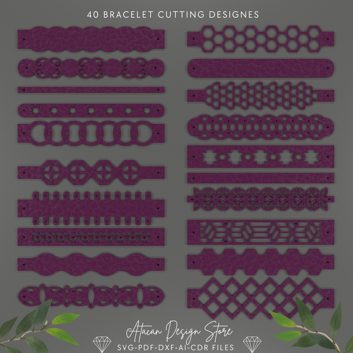 Leather Bracelet SVG Bundle | Laser Cut Files | 40 Flexible Design Faux Leather Bracelet Template for Cricut & Silhouette 691