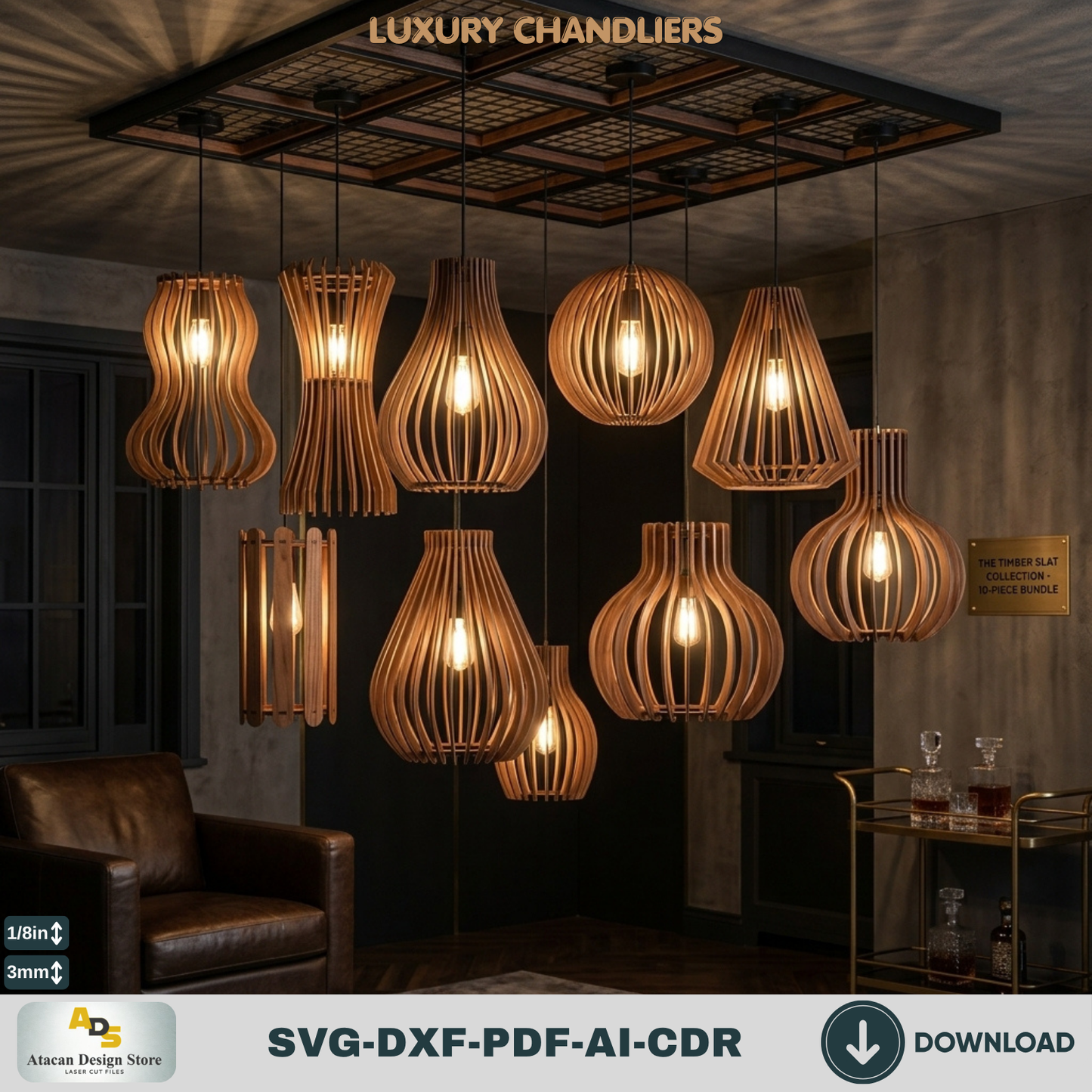 10 Wood Pendant Lamp Laser Cut Files Bundle, DIY Chandelier Shade Templates