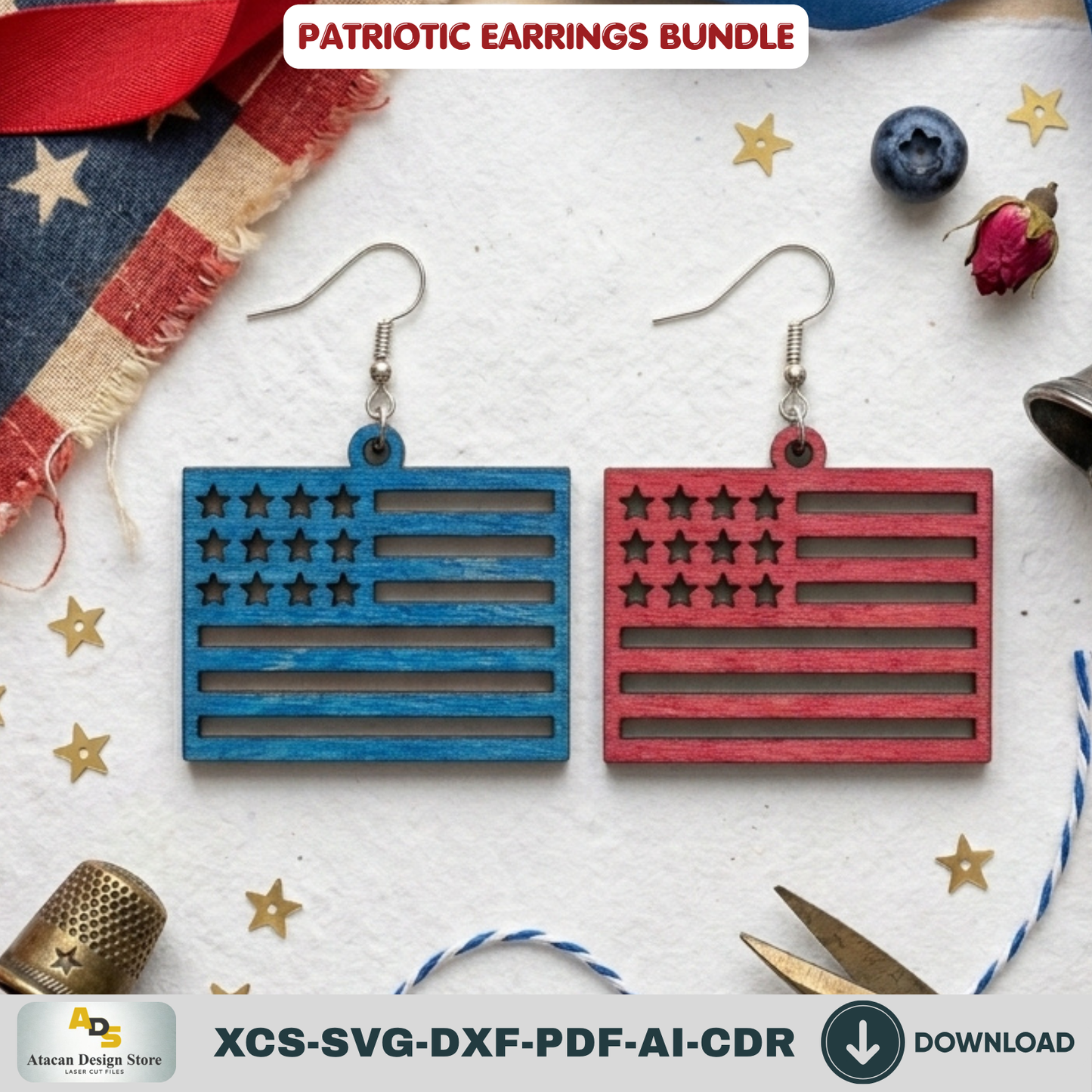 Patriotic Earrings Laser Cut Bundle, 4th of July USA Flag Acrylic Jewelry Template, Veteran Gift Design