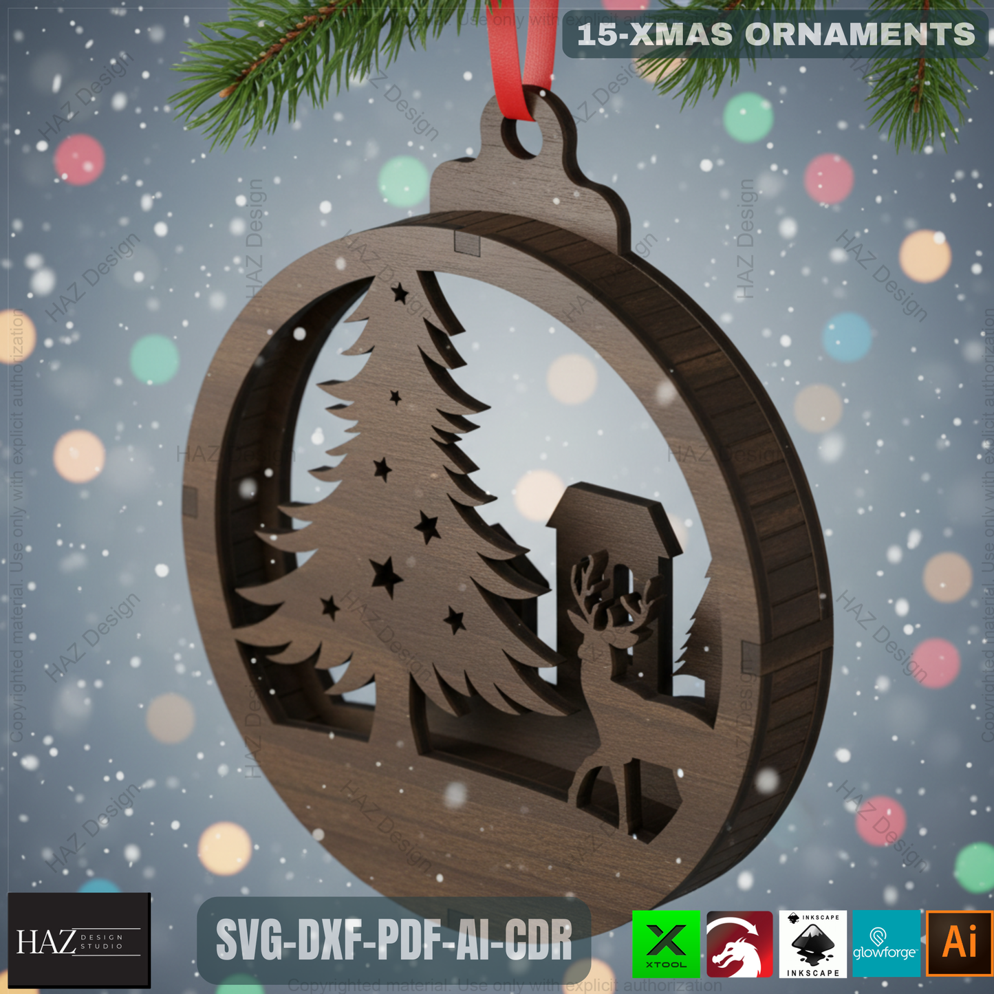 Christmas Laser Cut Ornament SVG Bundle - 15 Unique Wooden Xmas Pendant Designs for Glowforge & Xtool 487
