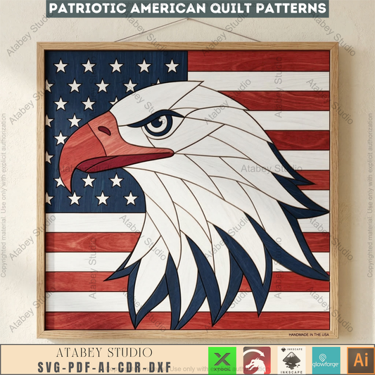 American Eagle Patriotic Quilt Pattern Laser Cut File Bald Eagle Americana Wall Art Vector 995