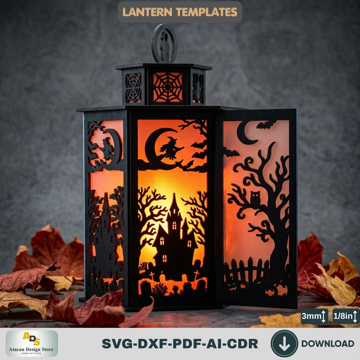 Halloween Lantern LaserCut Template Spooky Haunted House Tea Light Holder Wooden Witch Candle Box